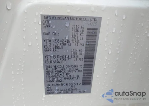 2014 Nissan Pathfinder Sl z USA, uszkodzony, nr VIN 5N1AR2MN4EC655517